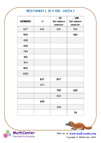 Restando 1, 10 Y 100 Hoja 1 | Hojas de trabajo | Math Center