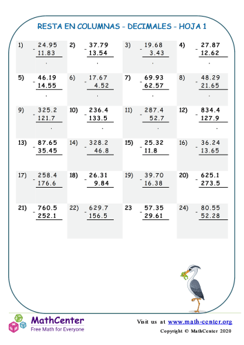Resta En Columna Decimales Hoja 1 | Hojas de trabajo | Math Center