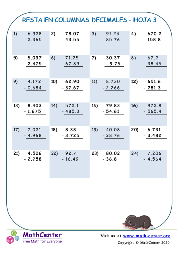 Quinto Grado Hojas De Trabajo Restas De Varias Cifras Con Llevadas Math Center 8397