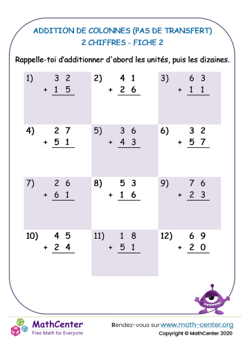 Addition de colonnes (pas de transfert) fiche 2