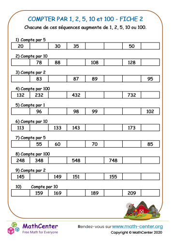 Compter avec 1, 2, 5, 10 et 100 fiche 2