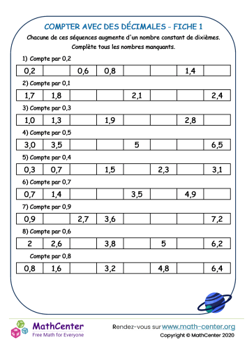 Compter avec des décimales fiche 1