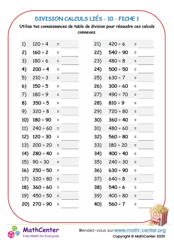 Division calculs liés 10 fiche 1