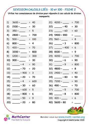 Division calculs liés 10 et 100 fiche 2