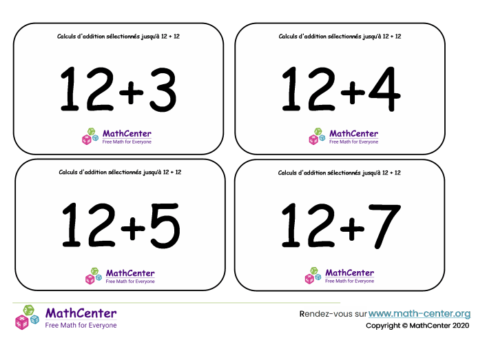 Calculs d'addition sélectionnés jusqu'à 12 + 12 - cartes