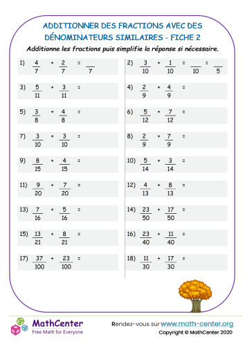 Additionner des fractions avec des dénominateurs similaires - fiche 2