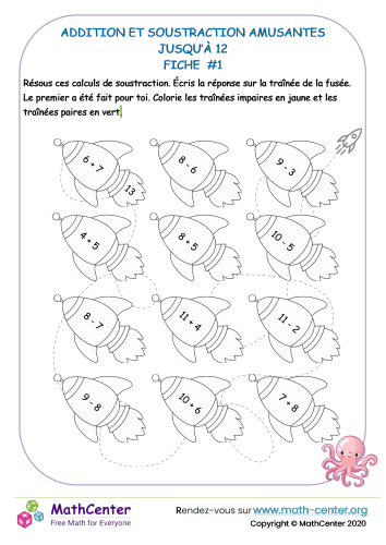 Fusée - addition et soustraction amusantes jusqu'à 12 - fiche 1