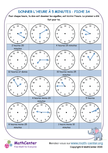 Donner l'heure à 5 minutes fiche 3a