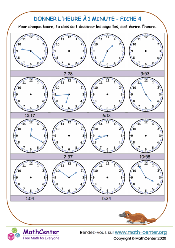 Donner l'heure à 1 minutes fiche 4