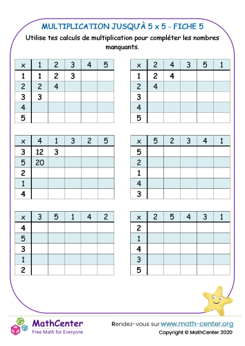 Multiplication à 5 x 5 fiche 5