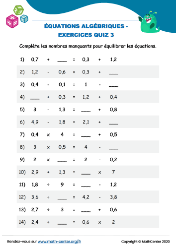 Équations algébriques - exercices quiz 3