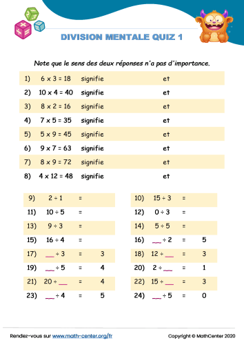 Division mentale quiz 1