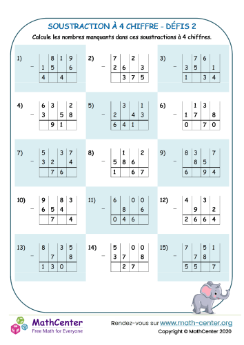 Soustraction à 4 chiffre défis 2