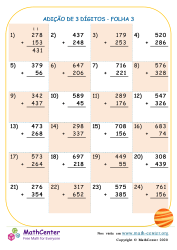 Números de três dígitos imprimível 3ª série planilhas