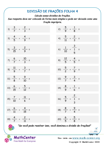 Divisão de Frações imprimível 6ª série planilhas