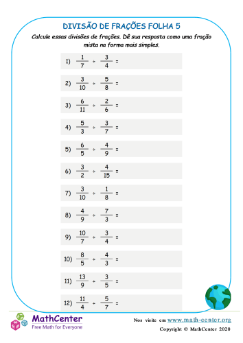 Divisão de Frações imprimível 6ª série planilhas
