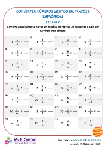 Converter Números Mistos Em Frações Impróprias Folha 2 | Planilhas ...