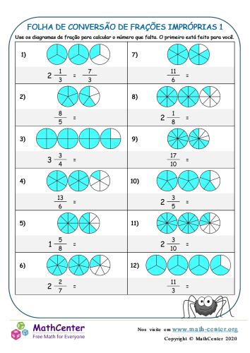 Números mistos e frações impróprias imprimível Jardim da infância planilhas