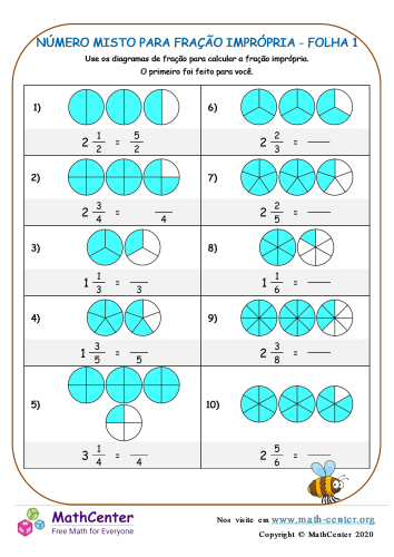 Números mistos e frações impróprias imprimível Jardim da infância planilhas