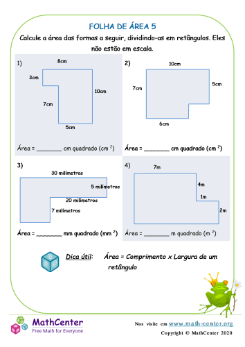 Quinto Ano Planilhas: Área do Retângulo | Math Center