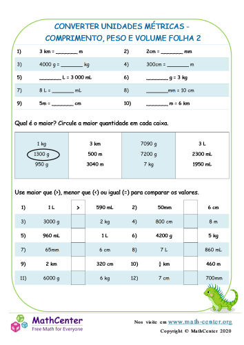 Convertendo Unidades Métricas imprimível 1ª série planilhas