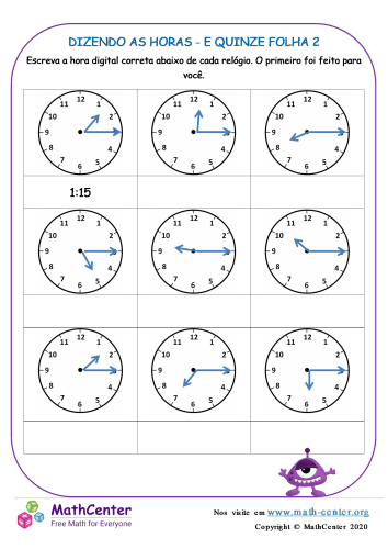 Horas, minutos e segundos worksheet