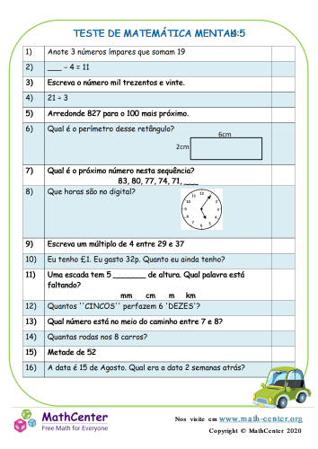 Quiz sobre matemática 7°ano