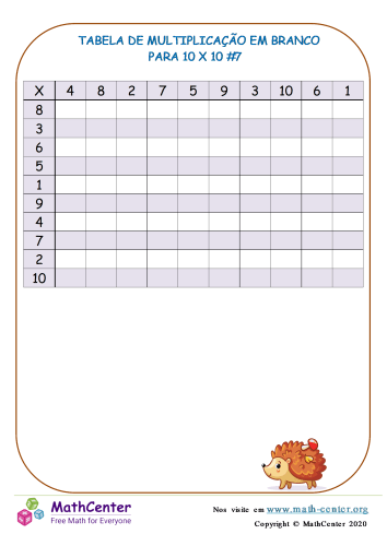 TABELA DE MULTIPLICAÇÃO PARA IMPRIMIR