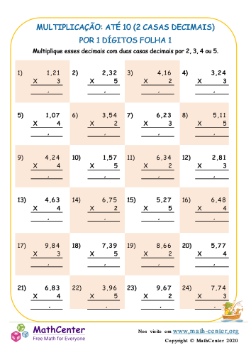 Fatos da Multiplicação imprimível 6ª série planilhas