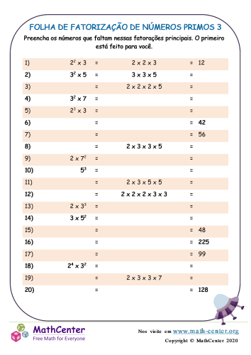 Fatoração De Primos Folha 3 | Planilhas | Math Center