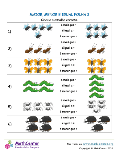 maior, menor, igual worksheet