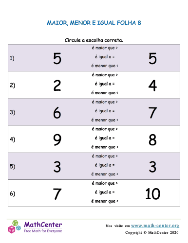 maior, menor, igual worksheet