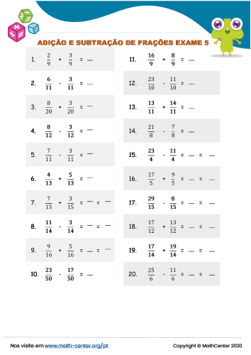 Quiz Adição e subtração de frações