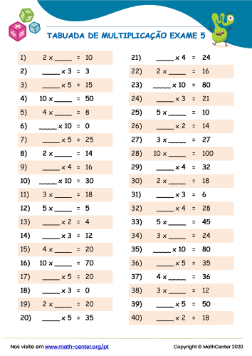 QUIZ DA TABUADA!  Tabuada de 5 