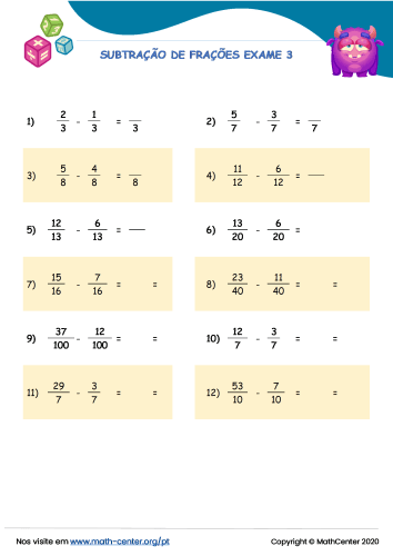 Quiz Adição e subtração de frações