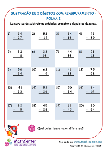 Subtração De 2 Dígitos Com Reagrupamento - Folha 2 | Planilhas | Math ...