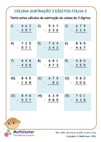 Números de três dígitos imprimível 3ª série planilhas