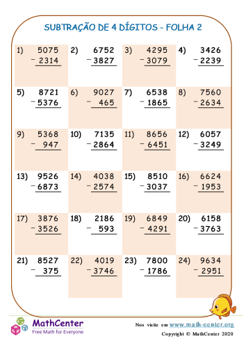 Subtração De 4 Dígitos - Folha 2 | Planilhas | Math Center