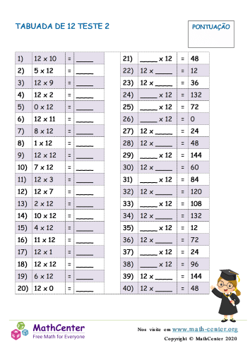 TABUADA - MATH TABLE - MULTIPLICATION - ( 12 X ) . Quiz