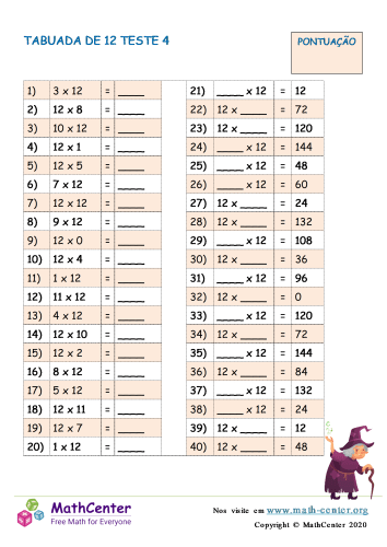 TABUADA - MATH TABLE - MULTIPLICATION - ( 12 X ) . Quiz