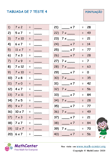 TABUADA - MATH TABLE - MULTIPLICATION - ( 4 X ) . Quiz