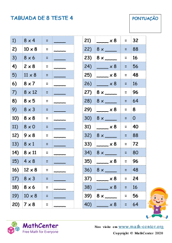 Terceiro Ano Planilhas: Tabuada de Multiplicação