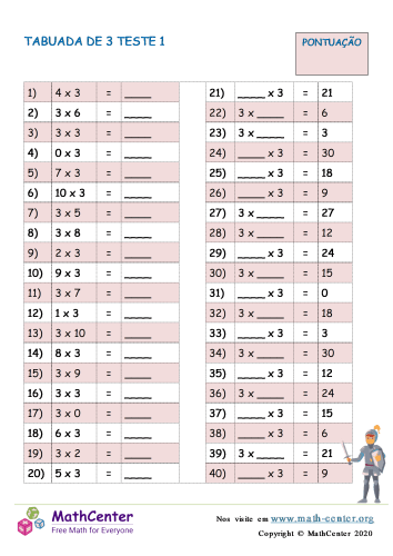 Terceiro Ano Planilhas: Tabuada de Multiplicação