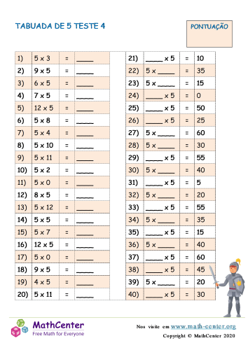 Tabuada de multiplicação do 5 worksheet