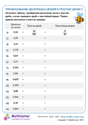 Преобразование Десятичных Дробей В Простые Дроби 3 | Рабочие листы ...