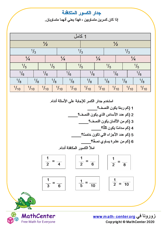 المكافئة الكسور حل درس