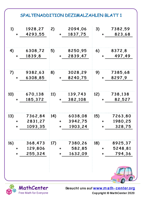 Dezimalzahlen Addieren Und Subtrahieren übungen Pdf Mit Lösungen Fünfte Klasse Arbeitsblätter: Das Addieren von Dezimalzahlen | Math Center