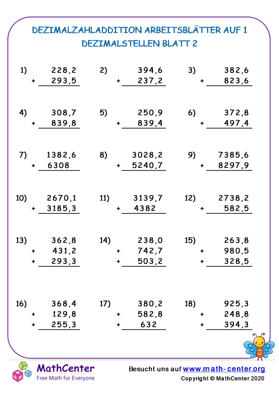 Dezimalzahlen Addieren Und Subtrahieren übungen Pdf Fünfte Klasse Arbeitsblätter: Das Addieren von Dezimalzahlen | Math Center