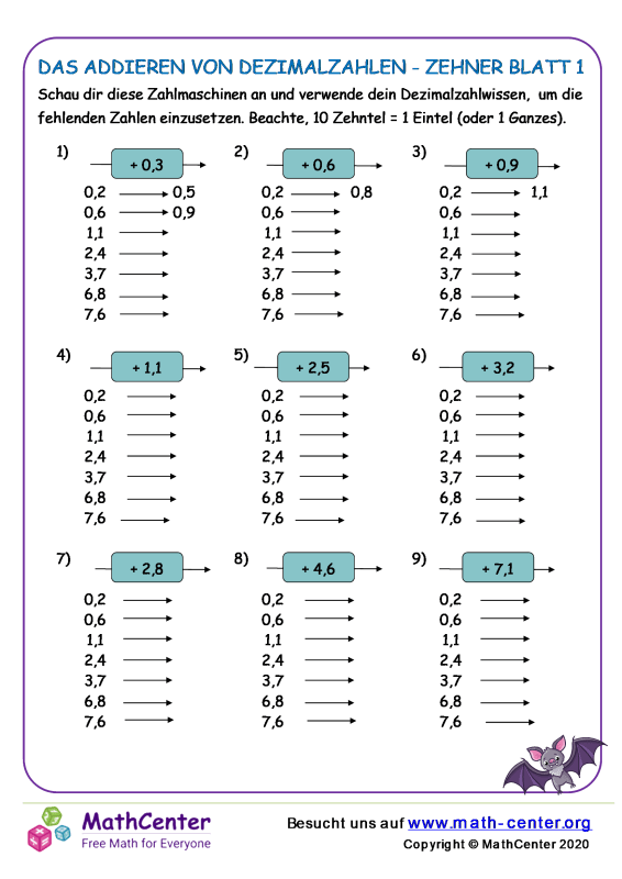 Dezimalzahlen Addieren Und Subtrahieren übungen Pdf Fünfte Klasse Arbeitsblätter: Das Addieren von Dezimalzahlen | Math Center