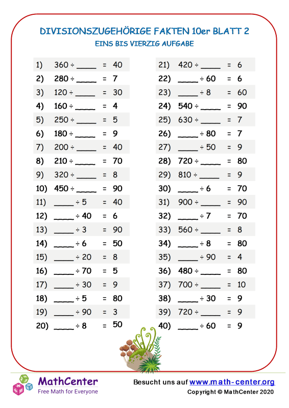 Vierte Klasse Arbeitsblätter: Division im Kopf | Math Center